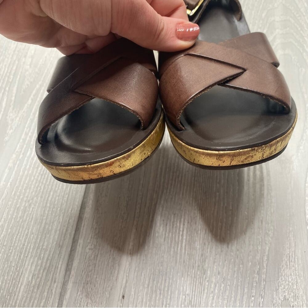 KORK-EASE WOMEN'S TAMARA BROWN LEATHER STRAPPY GOLD CORK WEDGE SANDALS SIZE 9 - Picture 4 of 10